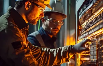 Elektriker installieren einen DC Gleichrichter an einer Industrieanlage