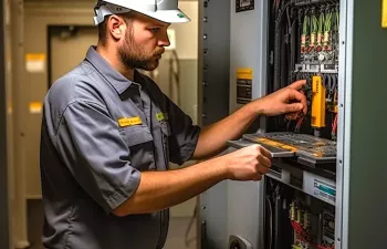 Industrielle Anlage mit DC-Spannung wird von einem Experten geprüft
