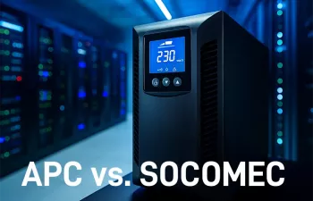 Eyecatcher-Bild eines modernen USV-Geräts mit digitaler Spannungsanzeige in einem beleuchteten Rechenzentrum – Symbolbild für den Vergleich USV APC vs. Socomec