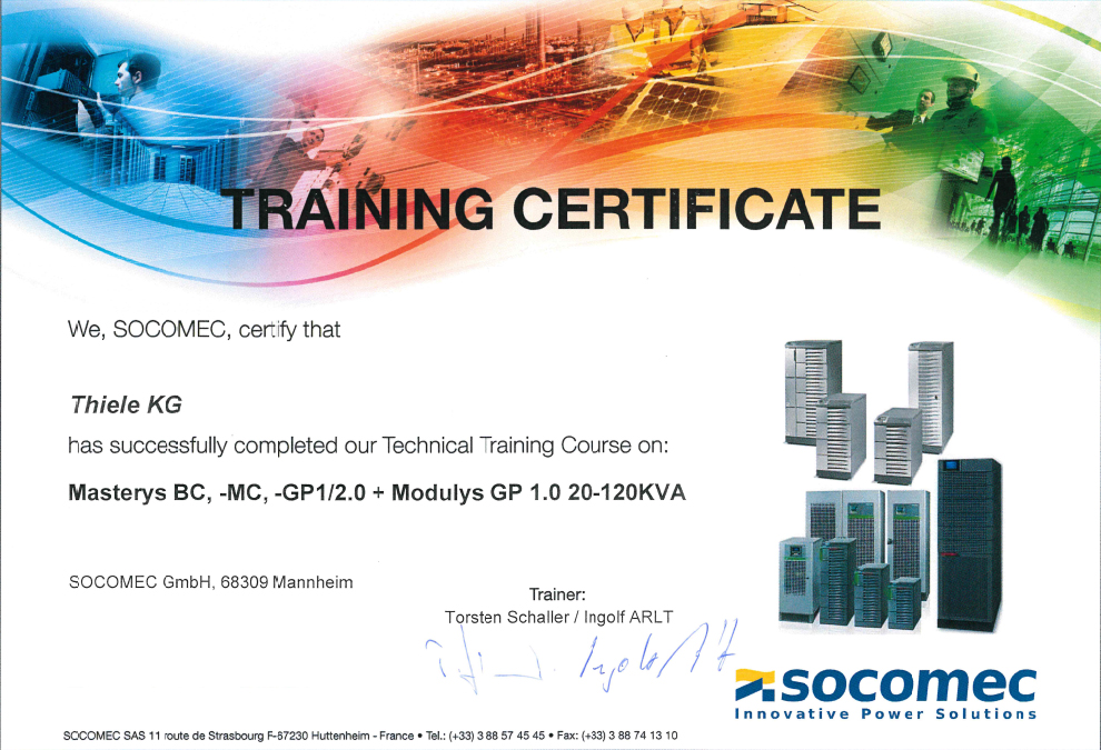 Zertifikat Socomec Modulys und Masterys